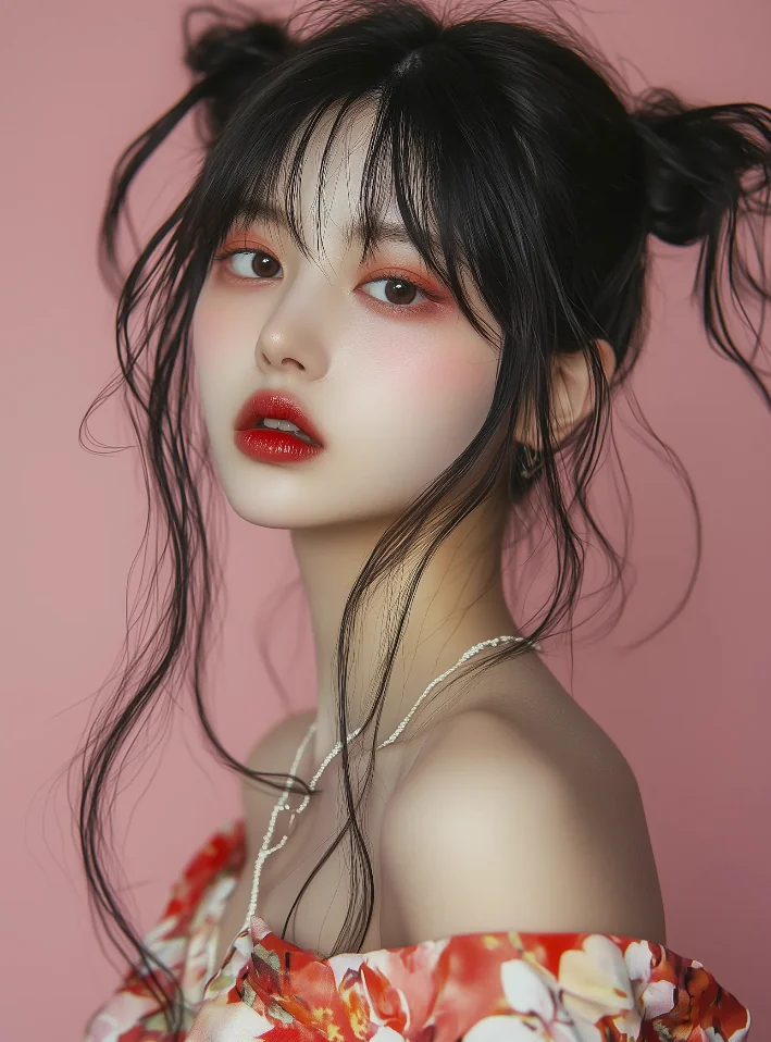 Adult woman in a soft rose studio portrait
