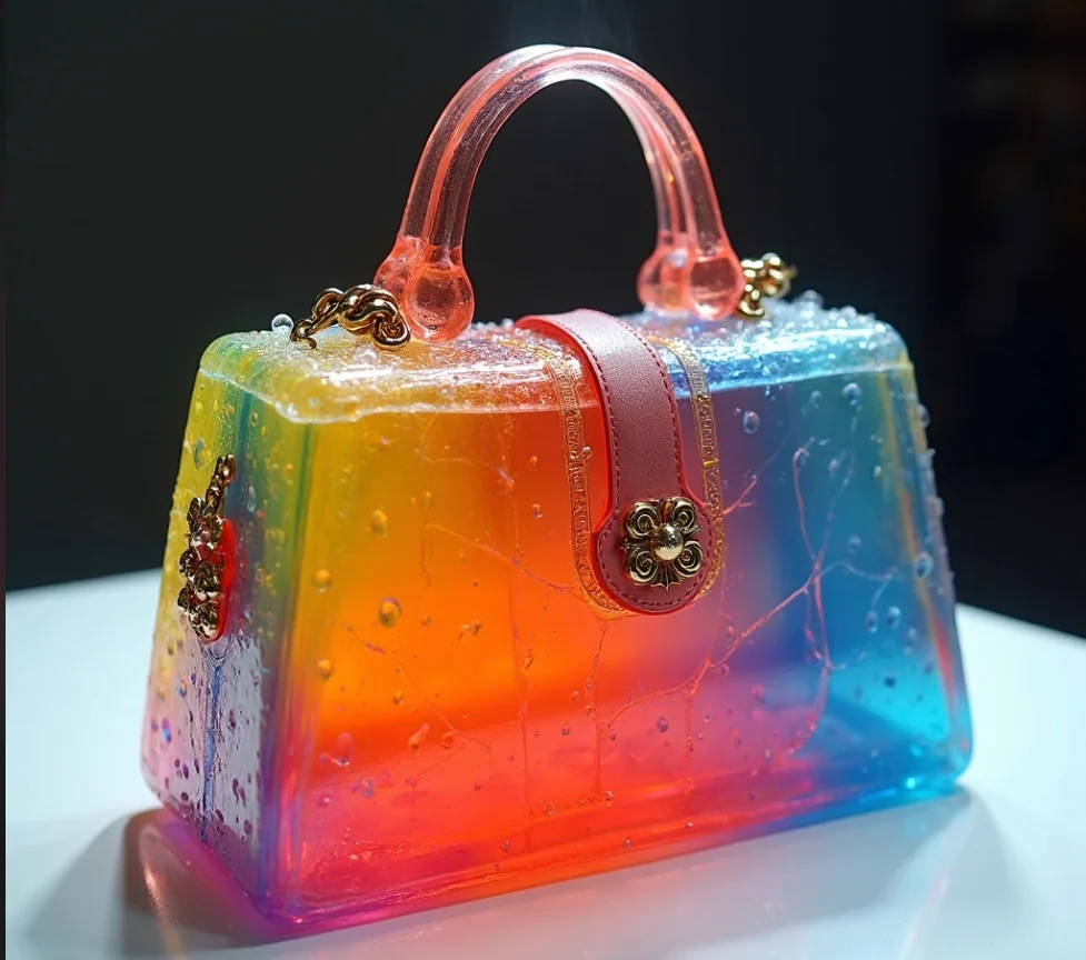 Colorful translucent glass handbag in studio light